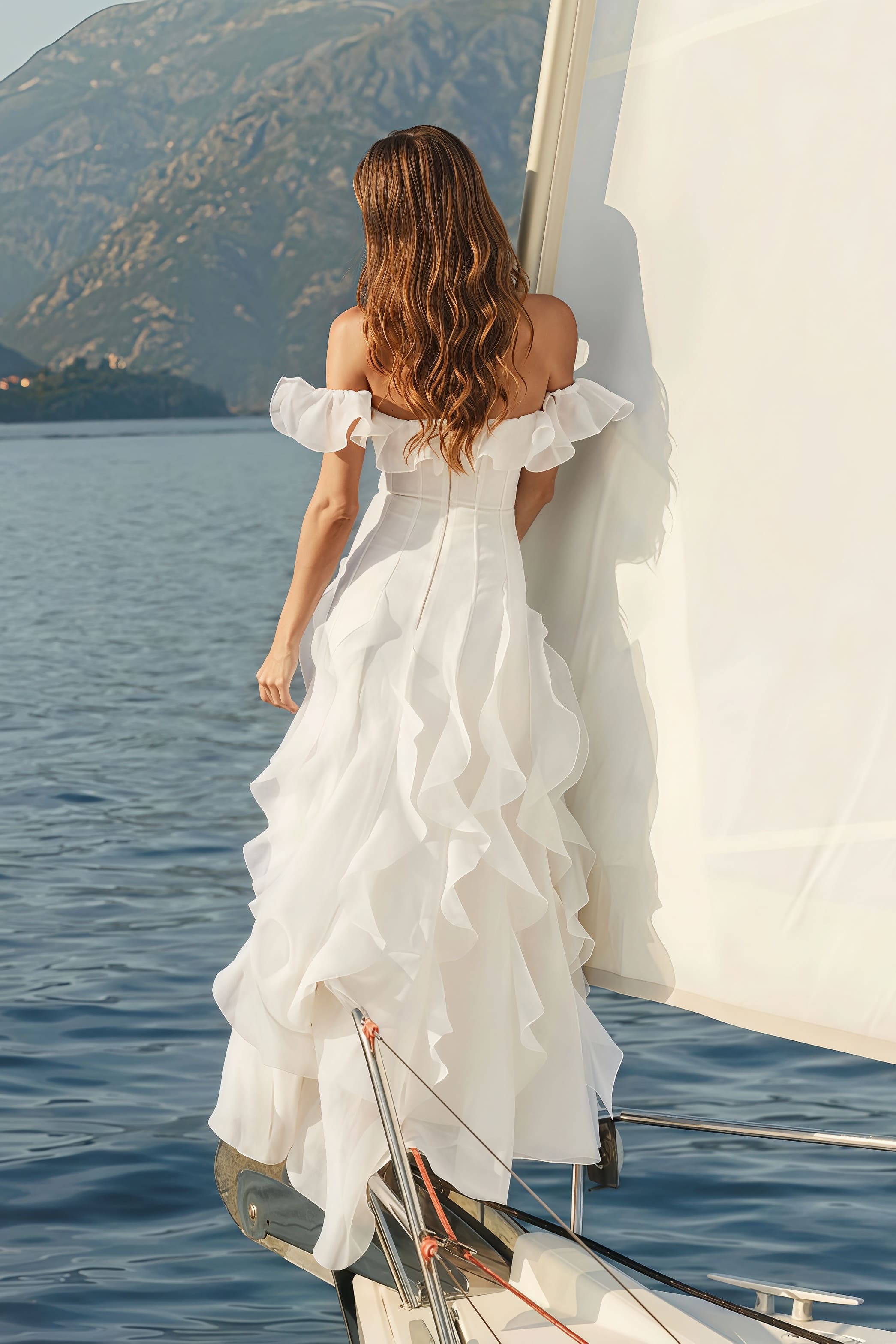 Sweet Off Shoulder Ruffle Tiered Reception Dress