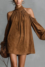 Stylish Off-shoulder Lantern-sleeved Suede Loose Mini Dress