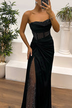 Strapless Rhinestone Mesh Corset Bodice Draped Satin Side Slit Maxi Gown