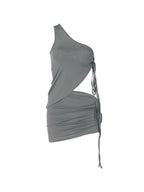 Solid One Shoulder Ruched Drawstring Tank Top & Mini Skirt Set