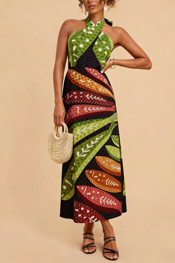 Multi-colored Fish Print Halter Neck Backless Printed Fitted Vacation Maxi Dress
