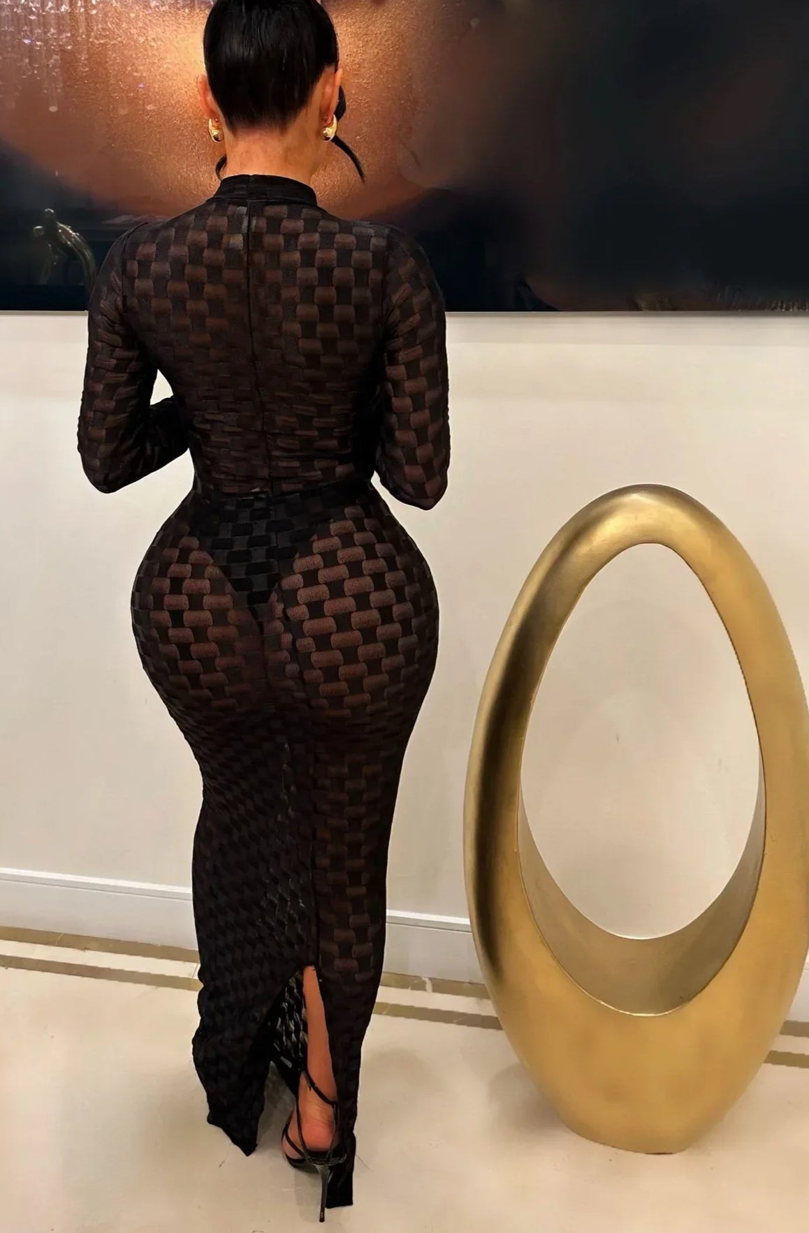 Checkered Mesh Mock Neck Long Sleeve Bodycon Maxi Dress