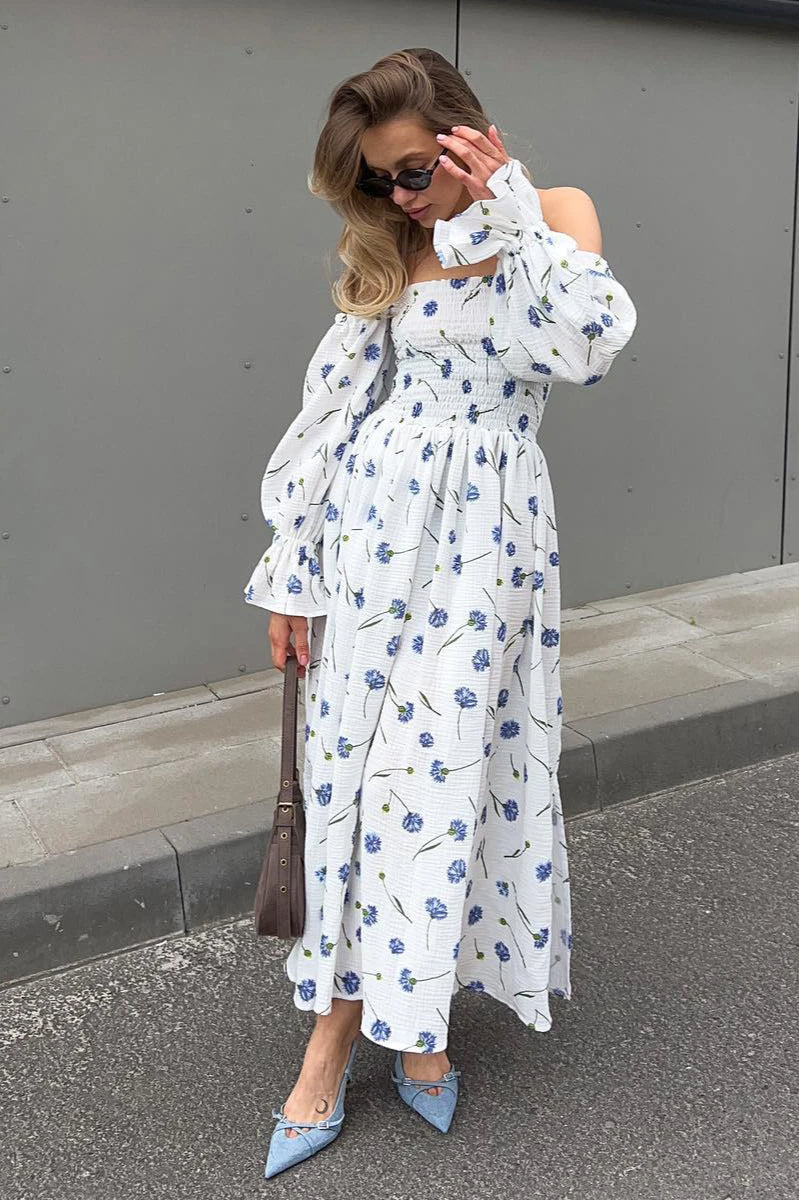Floral Print Off Shoulder Smocked Puff Sleeve High Split Maxi Dress