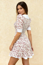 Ditsy Floral Oversized Collar Puff Sleeve Ruffle Hem Fit and Flare Mini Dress