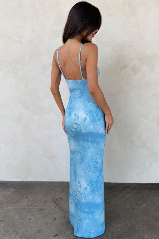 Blue Spaghetti Strap Deep V Twist Cutout Butterfly Print Bodycon Maxi Dress