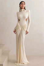 Mock Neck Padded Shoulder Cut Out Waist Ruched Maxi Dress