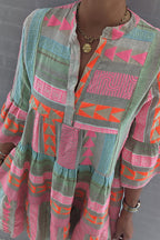 Geometric Print Bell Sleeve Tiered Smock Babydoll Mini Dress