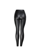 Women Black Leggings PU Leather Like High Waisted Button Skinny Leggings