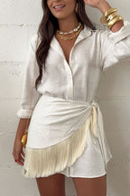 Sorena Linen Blend Button Up Long Sleeve Midi Blouse and Tassel Trim Warp Cover-up Mini Dress Set