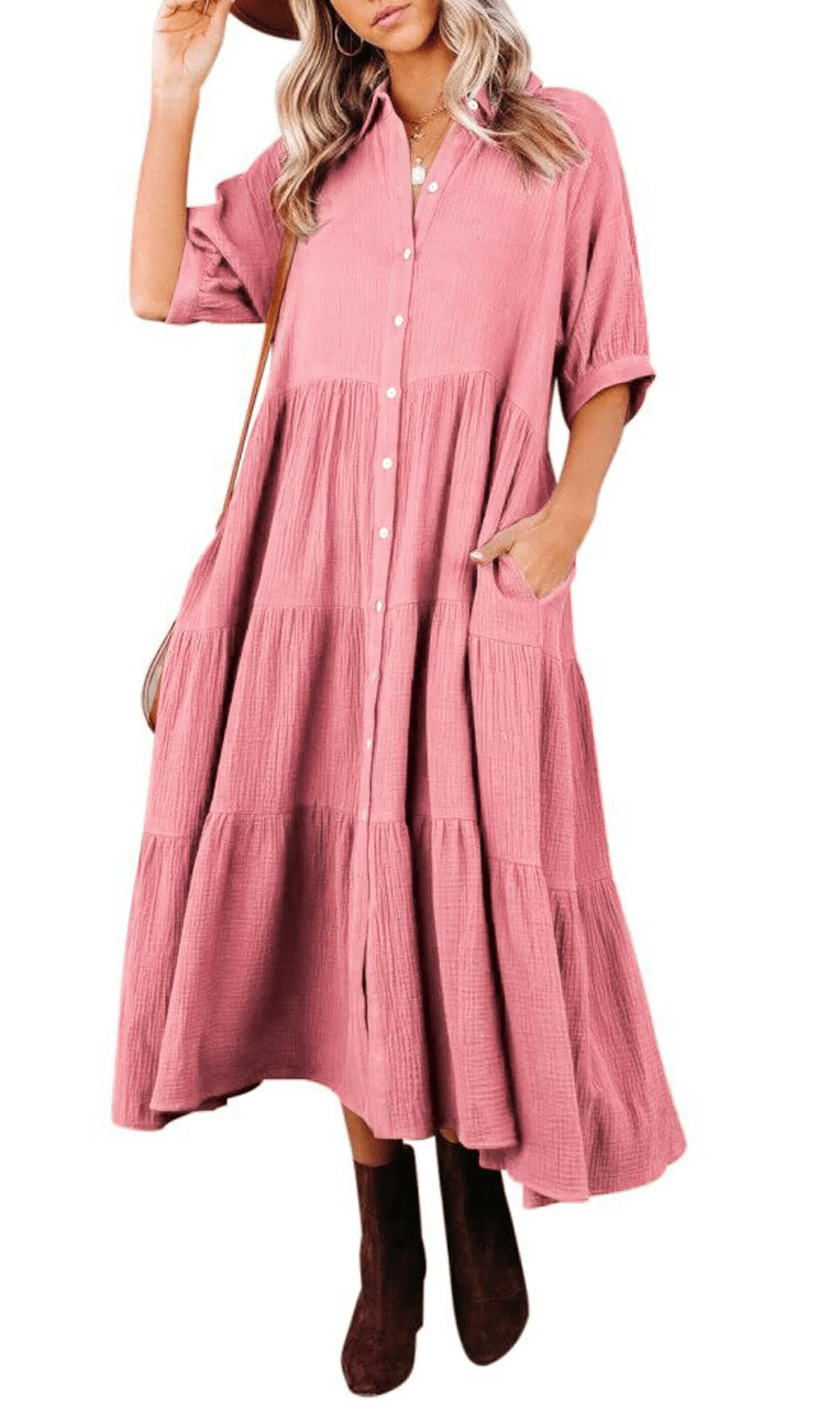 Gauze Button Front Collar Half Sleeve Tiered Pocket Midi Dress