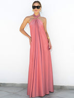 Halter Backless Women Maxi Dress - Satin Minimalist Flowy Gown - Summer Vacation Beach Party 2026