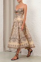 Luna Linen Blend Paisley Print Twist Back Smocked Pocket Slip Midi Dress