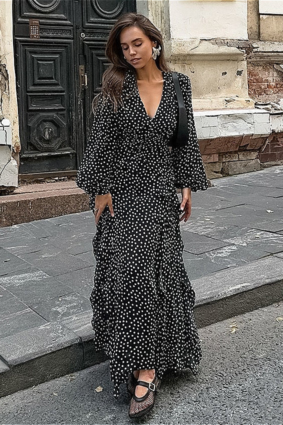 Polka Dot Deep V-Neck Long Sleeve Tiered Ruffle Maxi Dress