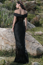 Off Shoulder Floral Lace Paneled Back Train Maxi Gown