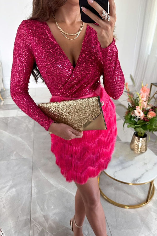 Sequin Wrap Deep V-Neck Long Sleeve Top and Tiered Fringe Mini Skirt Set