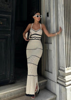 Halter Neck Sweetheart Crochet Panel Cable Knit Side Slit Maxi Dress