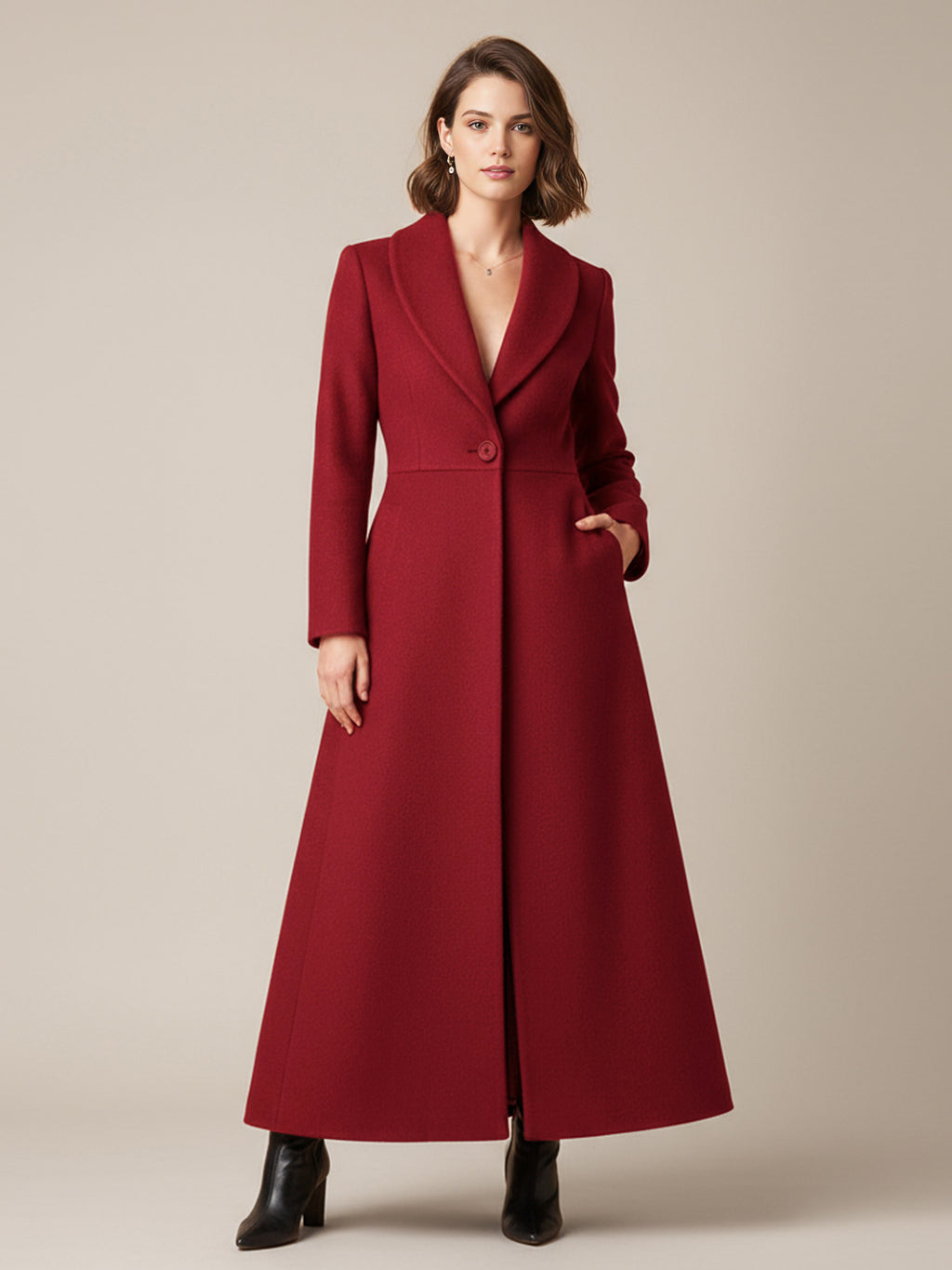 Shawl Collar Full-Length Woolen Coat With A-Line And V-Neck For Women 2026