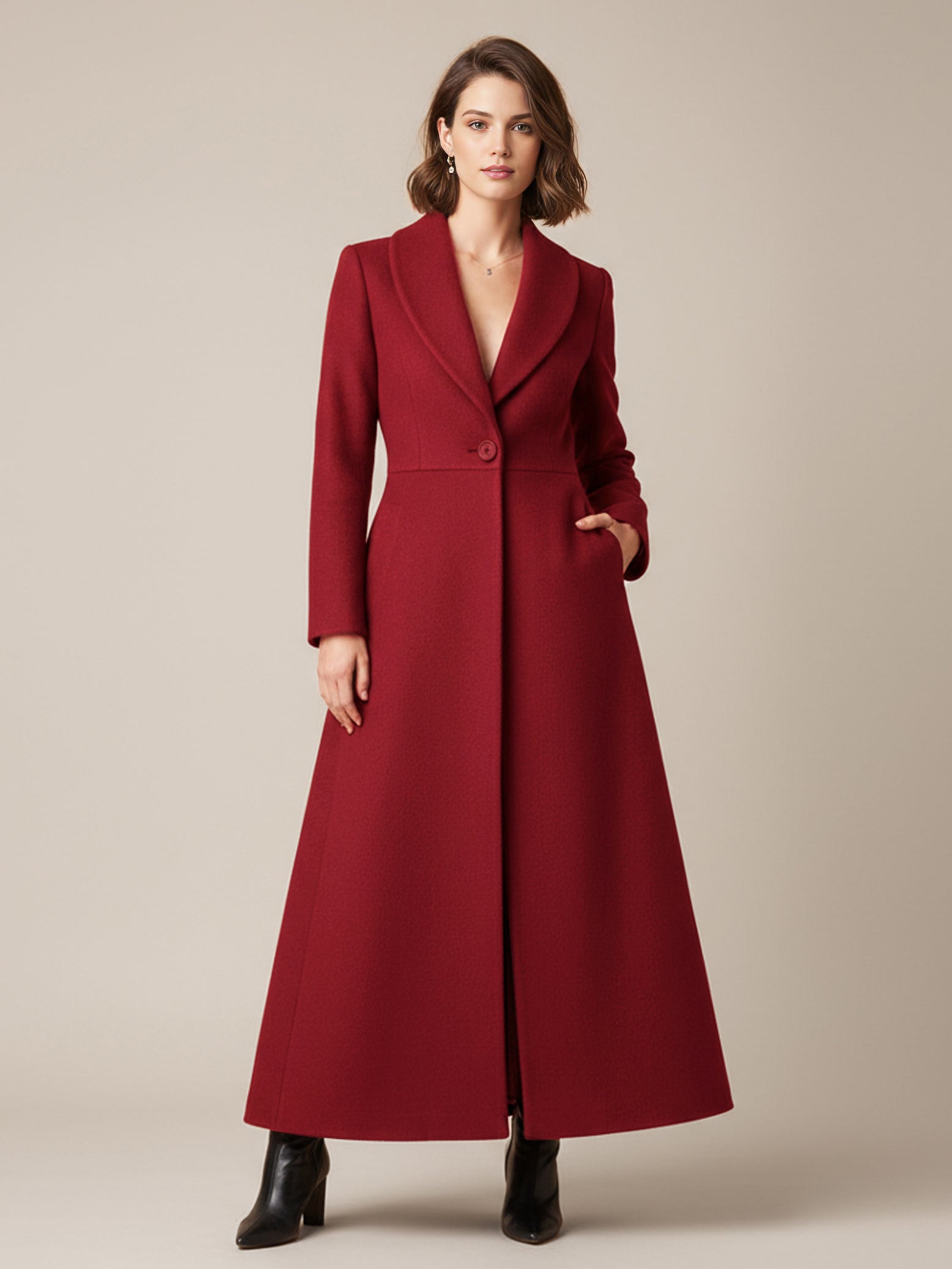 Shawl Collar Full-Length Woolen Coat With A-Line And V-Neck For Women 2026