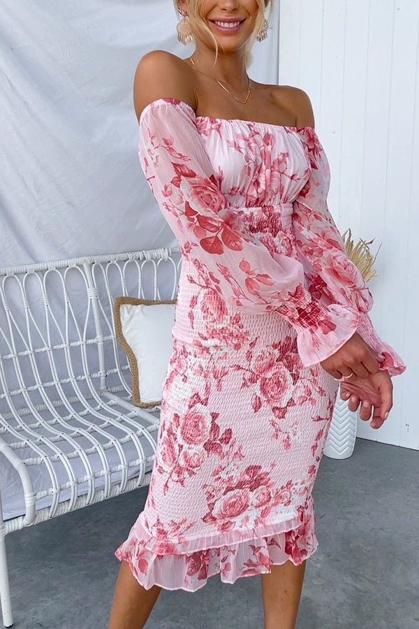 Off Shoulder Smocked Floral Print Sheer Balloon Sleeve Ruffle Hem Midi Dress