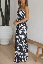 Strapless Geometric Print Satin Column Maxi Dress