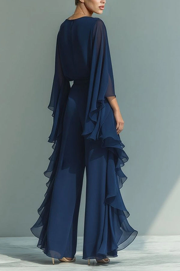 Chic Midnight Blue Ruffled Overlay Wide-Leg Pantsuit