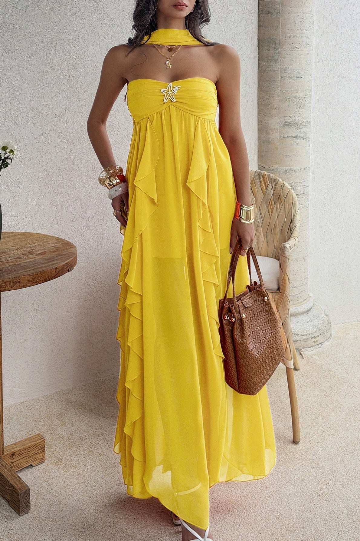 Strapless Starfish Detail Tiered Ruffle Chiffon Maxi Dress