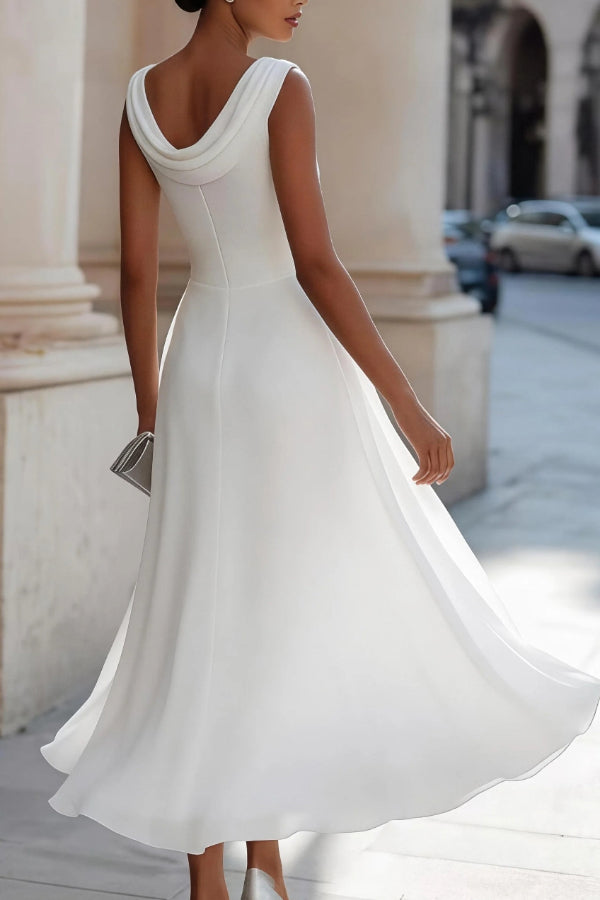 Solid Color Swing Collar Sleeveless Elegant Fitted Waist Full Hem Midi Dress