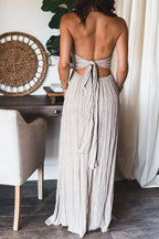 Striped Crinkle Texture Halter Neck Tie Front Ruffle Trim Maxi Dress
