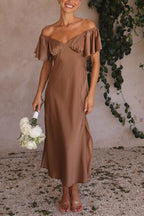 Satin Off Shoulder Flutter Sleeve Sweetheart Ruched Side Slit Midi Dress