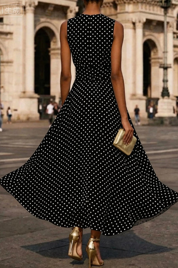 Polka Dot Print Round Neck Sleeveless Pleated Waist Casual Maxi Dress