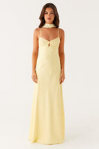 Yellow V-Neck Tie Back Satin Maxi Dress