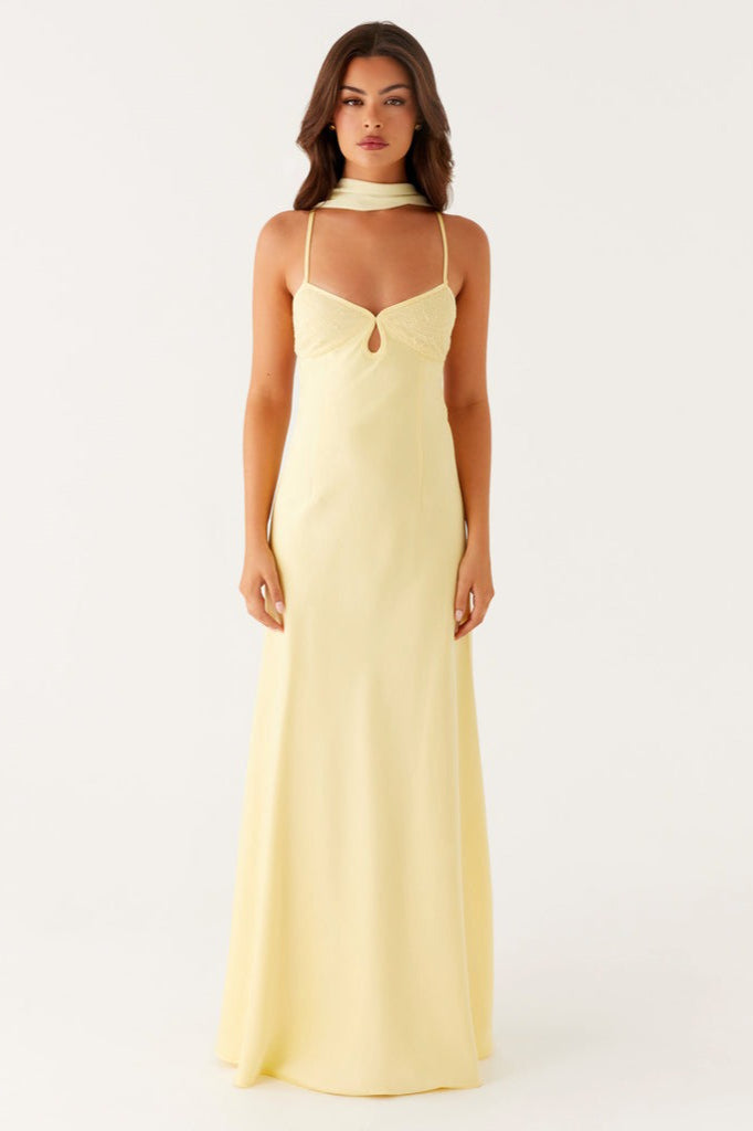 Yellow V-Neck Tie Back Satin Maxi Dress
