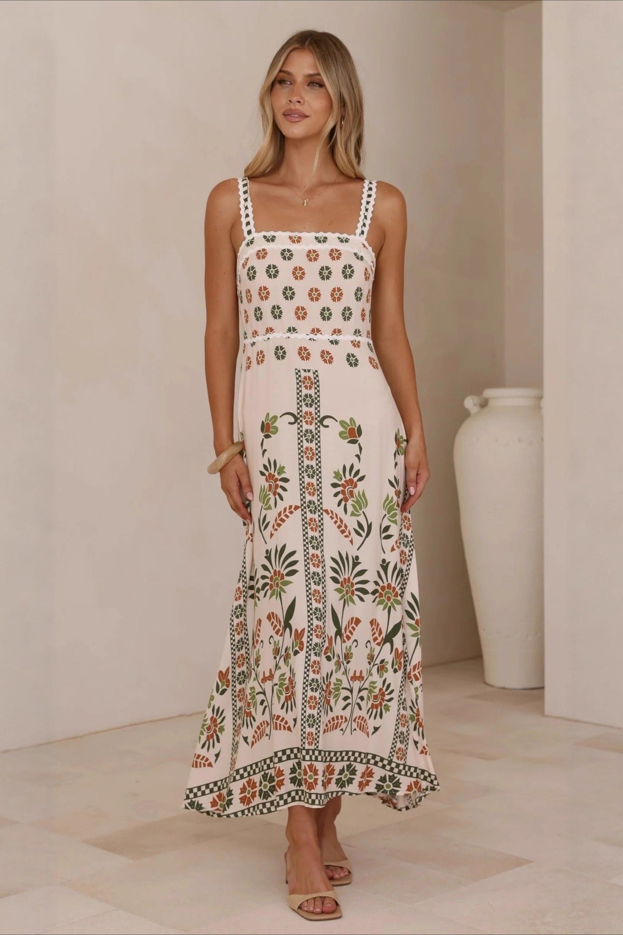 Square Neck Lace Trim Empire Waist Geometric Floral Border Maxi Dress