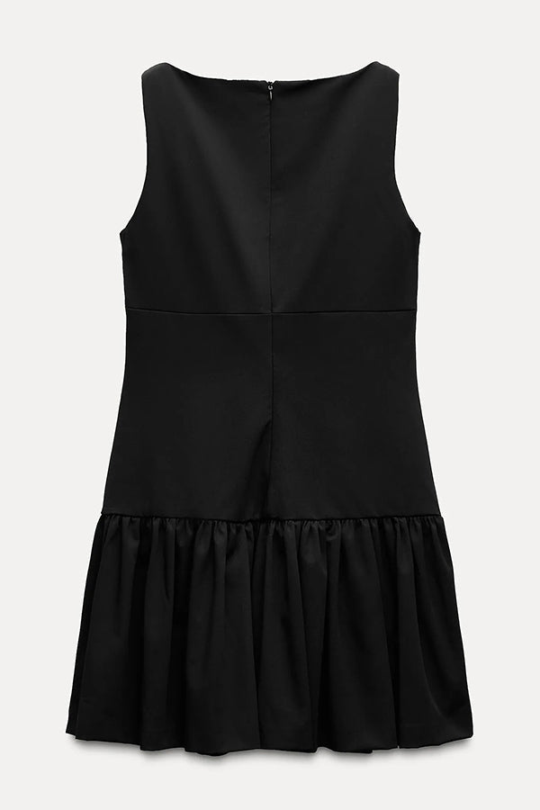 Velvet Bow Trim Drop Waist Gathered Pleated Mini Dress