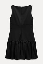 Velvet Bow Trim Drop Waist Gathered Pleated Mini Dress
