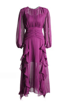 Chiffon Bishop Sleeve High Neck Ruched Waist Cascading Ruffle Tier Maxi Dress