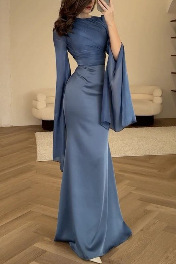 Satin Ruched High Neck Bell Sleeve Slit Mermaid Maxi Gown
