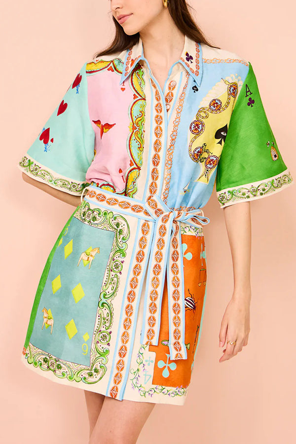 Linen Blend Unique Printed Short Sleeved Pocket Tie Waist Mini Dress(One Size UP)