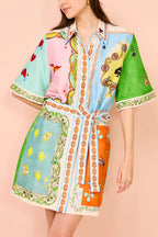 Linen Blend Unique Printed Short Sleeved Pocket Tie Waist Mini Dress(One Size UP)