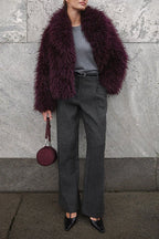 Versatile Wine Red Faux Fur Solid Coat