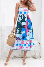 Abstract Floral Print Square Neck Spaghetti Strap Smocked Back Pocket Midi Dress