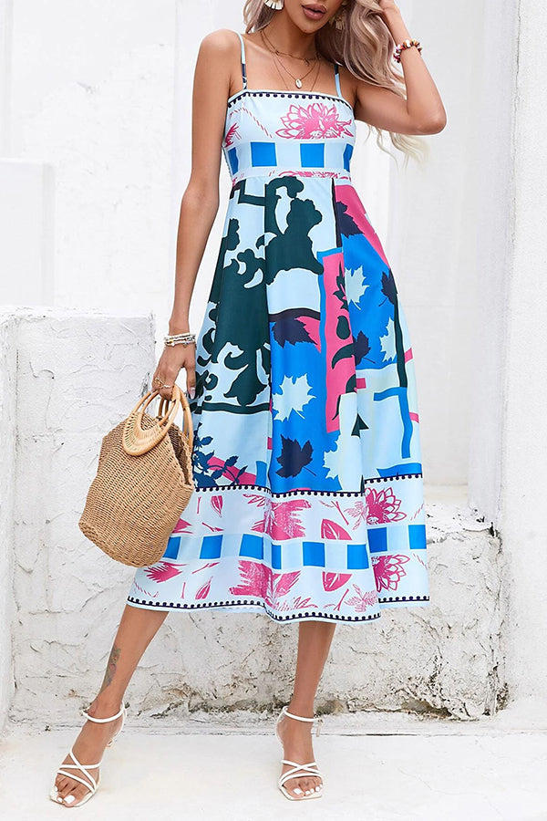 Abstract Floral Print Square Neck Spaghetti Strap Smocked Back Pocket Midi Dress