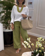White round neck long sleeve top + Green Loose Casual Pants