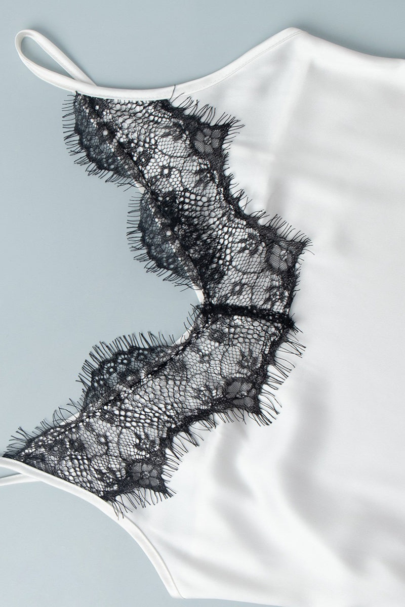 Spaghetti Strap V Neck Eyelash Lace Trim Patchwork Slit Maxi Dress