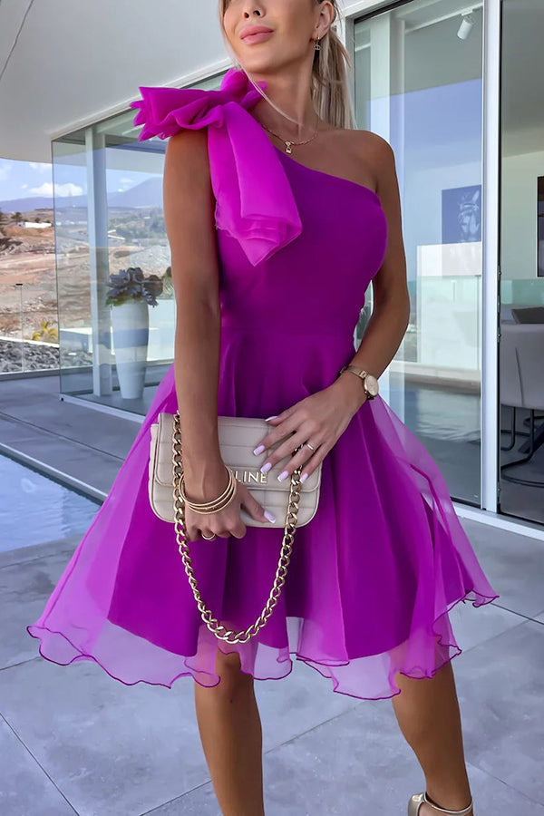 One Shoulder Oversized Bow Tulle Overlay Mini Dress