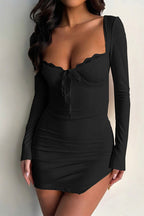 Lace Trim Tie Front Bustier Long Sleeve Bodycon Mini Dress