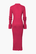 Rib Knit Polo Collar Button Front Flared Cuff Maxi Dress