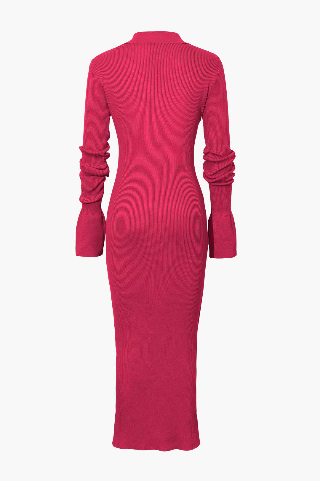 Rib Knit Polo Collar Button Front Flared Cuff Maxi Dress