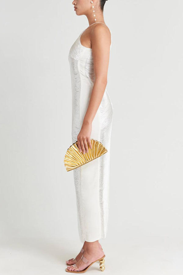 Metallic Pleated Fringe Halter Neck Backless Slit Maxi Gown