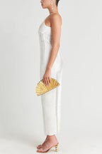 Metallic Pleated Fringe Halter Neck Backless Slit Maxi Gown
